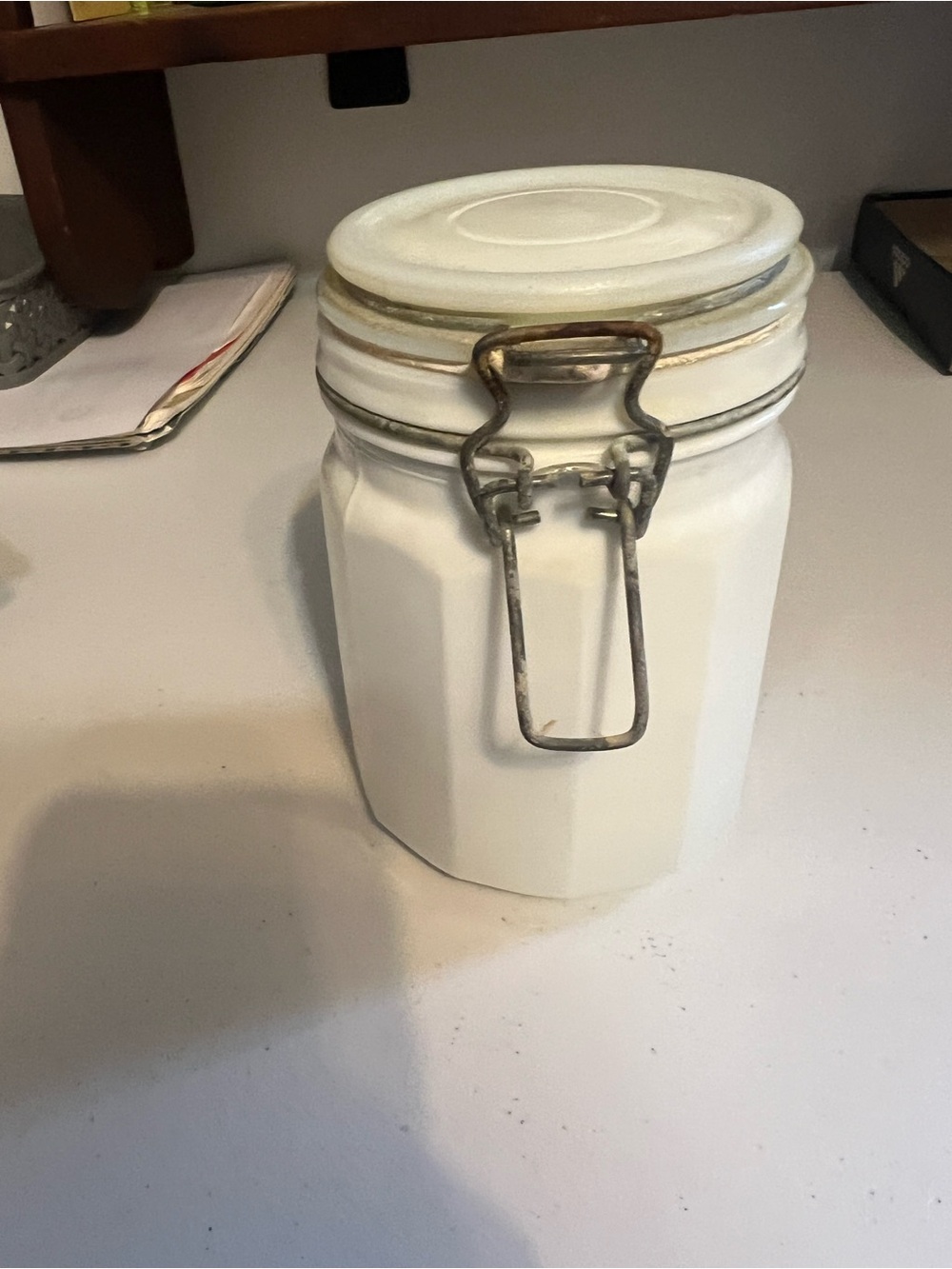 Vintage Milk Glass Airtight Canister with Metal Clamp Lid - Picture 2 of 9